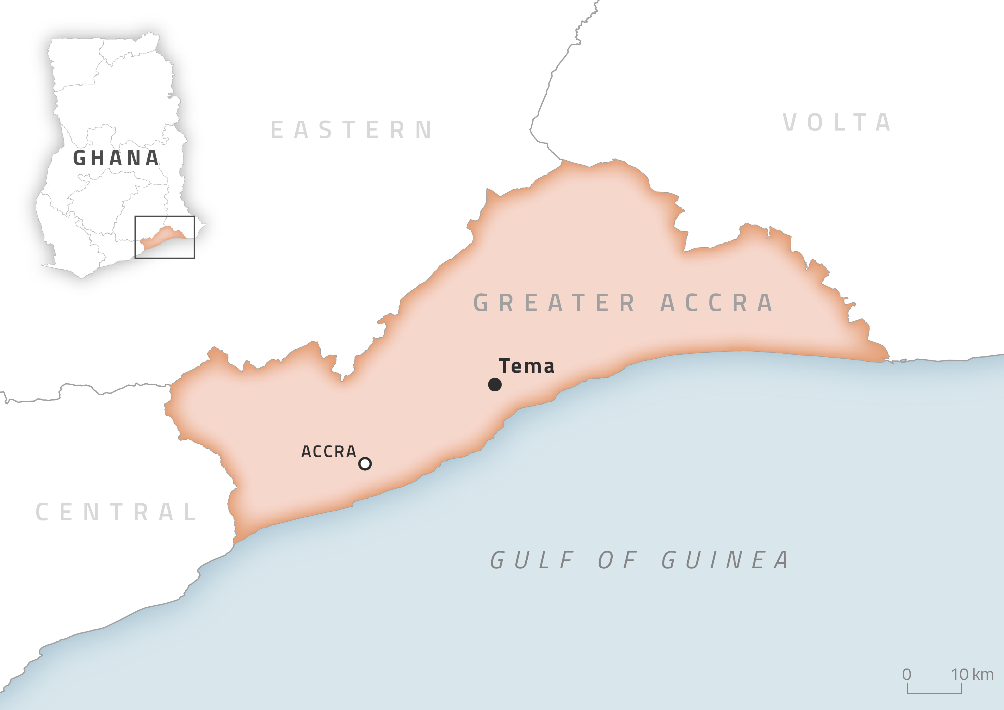 Simple locator map of the country of Ghana, highlighting the cities Accra and Tema