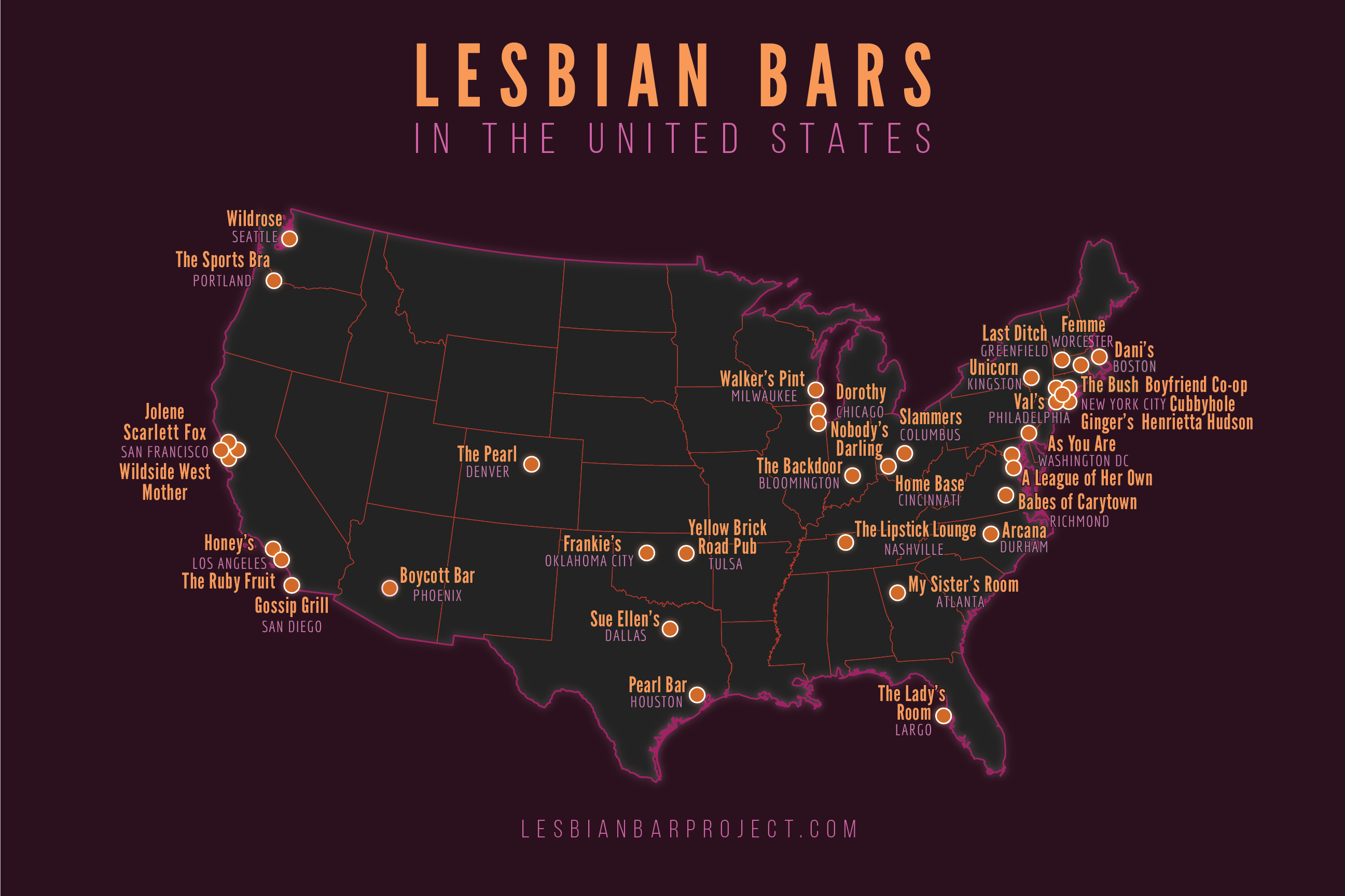 Map showing USA lesbian bars in 2026. They are concentrated on the East Coast and West Coast, mostly in larger cities