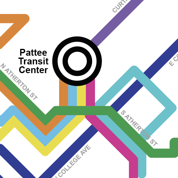 Overview of the center of a transit map for State College focused on the Pattee Transit center