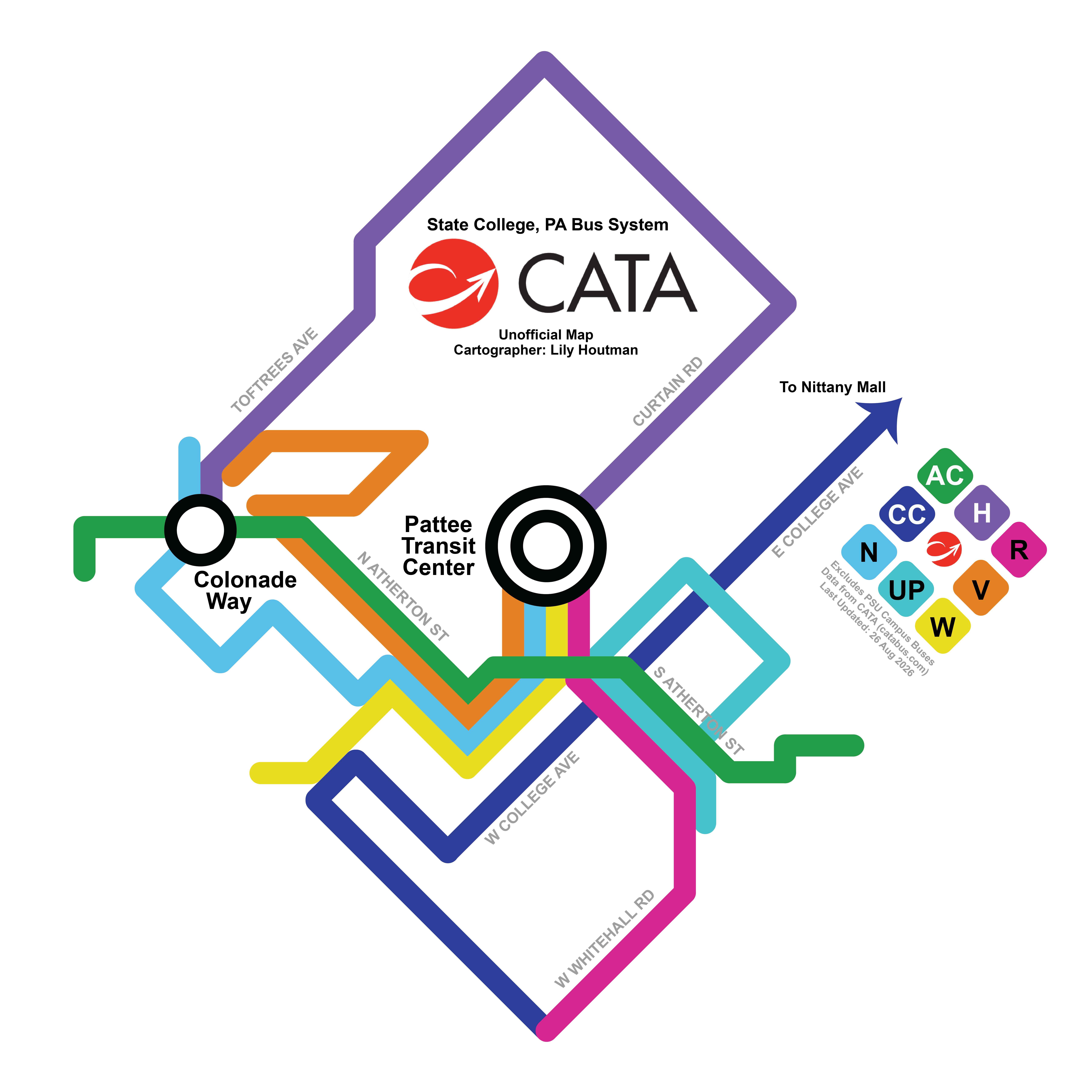 A map displaying the bus transit system for State College, PA. There are 8 transit lines each in different bright colors, and the all convene in the middle.
